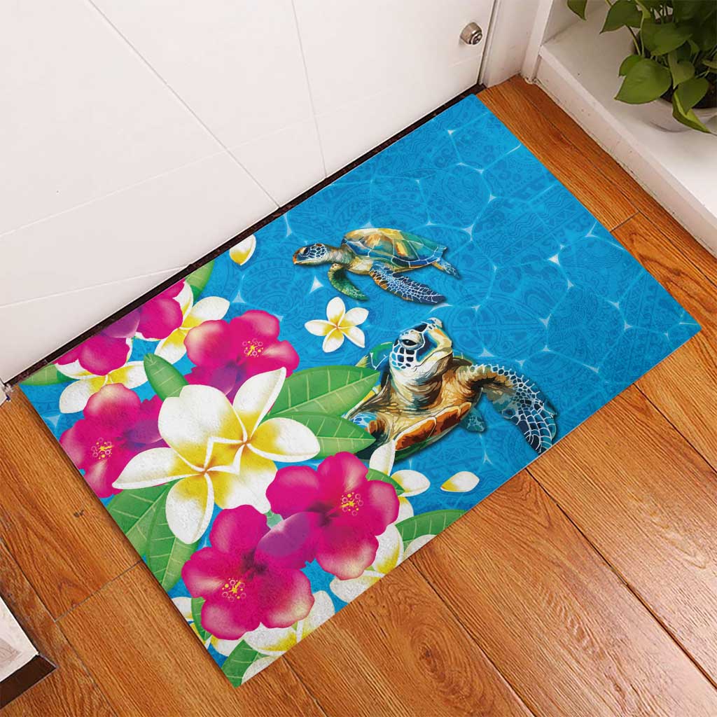 Hawaiian Tropical Flower and Honu Under Blue Water Rubber Doormat LT03 - Polynesian Pride