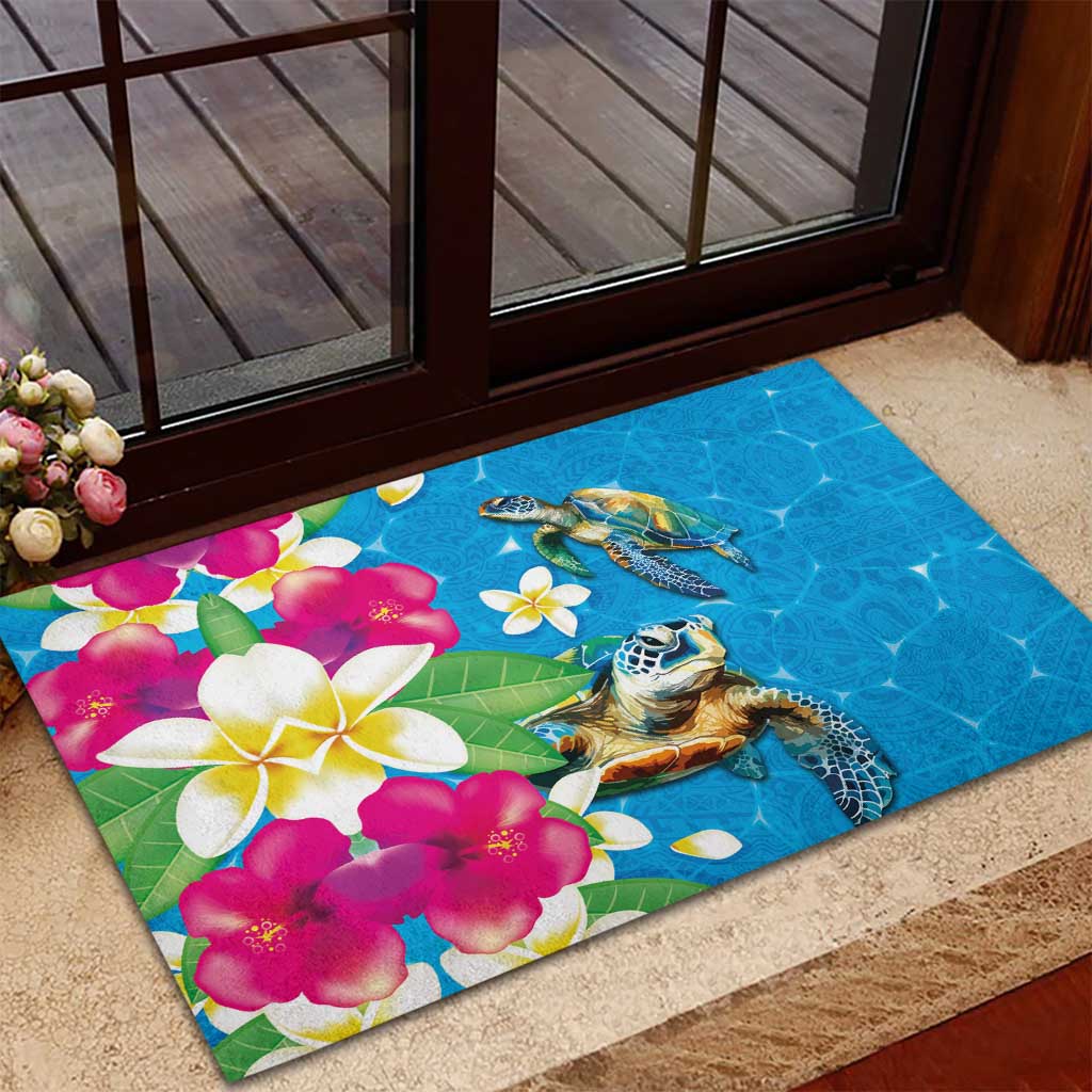 Hawaiian Tropical Flower and Honu Under Blue Water Rubber Doormat LT03 - Polynesian Pride
