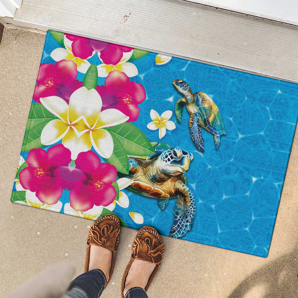 Hawaiian Tropical Flower and Honu Under Blue Water Rubber Doormat LT03 - Polynesian Pride
