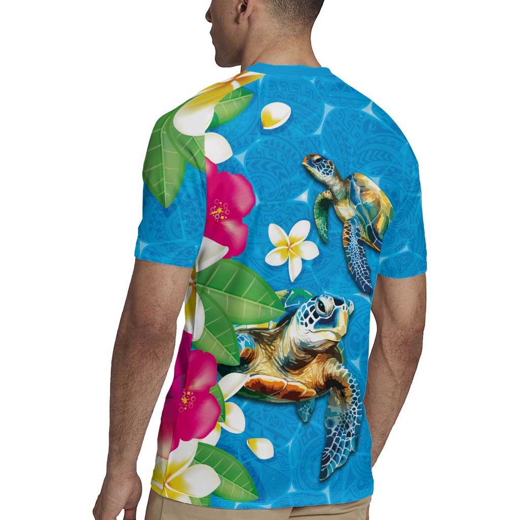 Hawaiian Tropical Flower and Honu Under Blue Water Rugby Jersey LT03 - Polynesian Pride