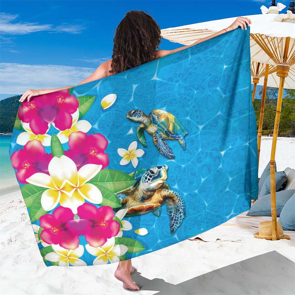 Hawaiian Tropical Flower and Honu Under Blue Water Sarong