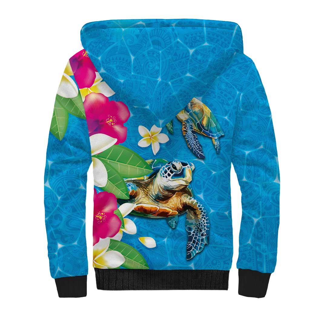 Hawaiian Tropical Flower and Honu Under Blue Water Sherpa Hoodie LT03 - Polynesian Pride