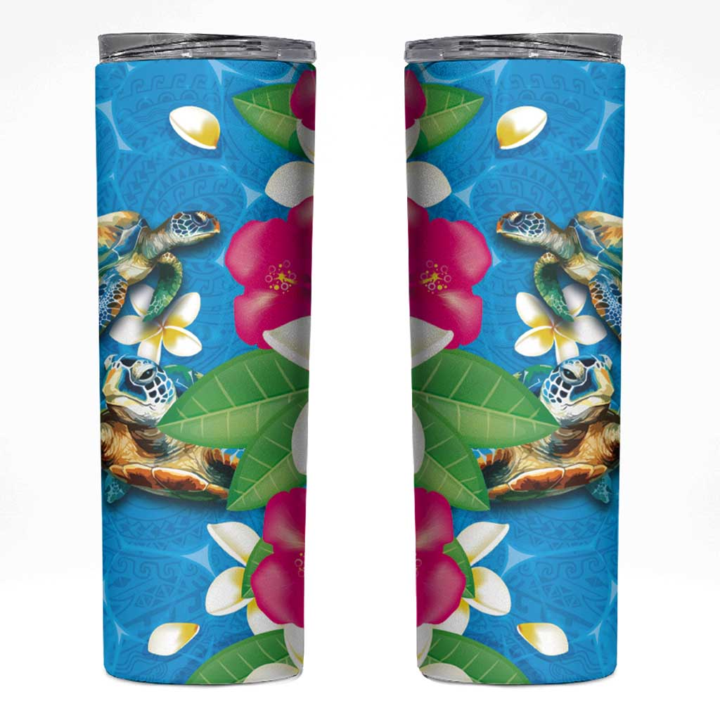 Hawaiian Tropical Flower and Honu Under Blue Water Skinny Tumbler