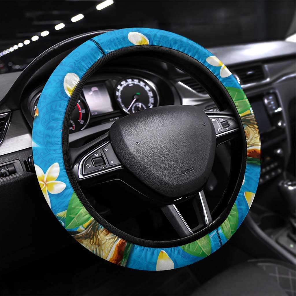 Hawaiian Tropical Flower and Honu Under Blue Water Steering Wheel Cover