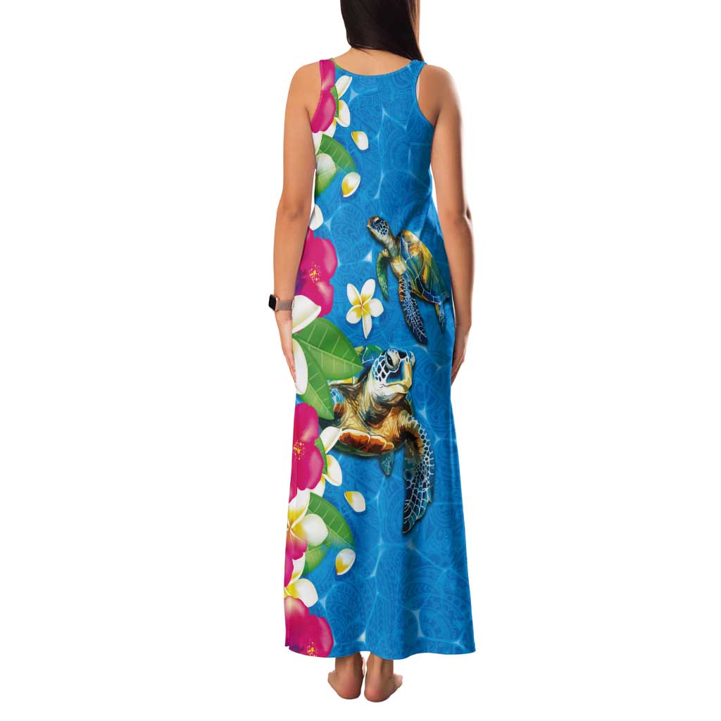 Hawaiian Tropical Flower and Honu Under Blue Water Tank Maxi Dress LT03 - Polynesian Pride