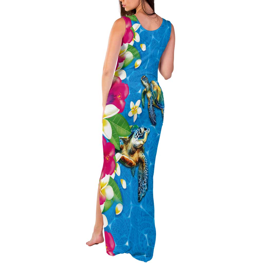 Hawaiian Tropical Flower and Honu Under Blue Water Tank Maxi Dress LT03 - Polynesian Pride