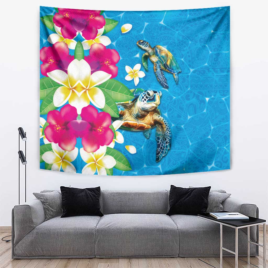 Hawaiian Tropical Flower and Honu Under Blue Water Tapestry LT03 Blue - Polynesian Pride