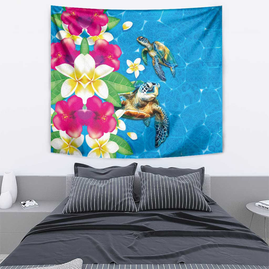 Hawaiian Tropical Flower and Honu Under Blue Water Tapestry LT03 - Polynesian Pride