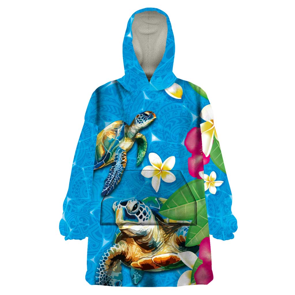 Hawaiian Tropical Flower and Honu Under Blue Water Wearable Blanket Hoodie