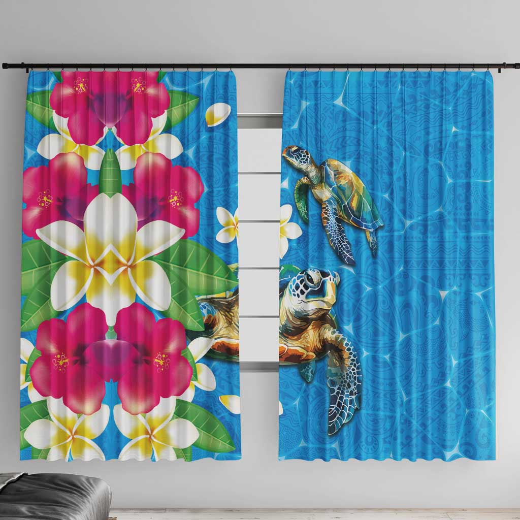 Hawaiian Tropical Flower and Honu Under Blue Water Window Curtain