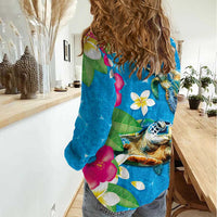 Hawaiian Tropical Flower and Honu Under Blue Water Women Casual Shirt