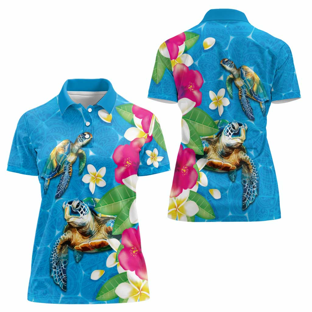 Hawaiian Tropical Flower and Honu Under Blue Water Women Polo Shirt