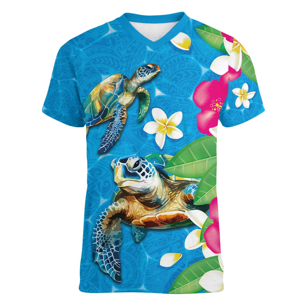 Hawaiian Tropical Flower and Honu Under Blue Water Women V-Neck T-Shirt LT03 Female Blue - Polynesian Pride