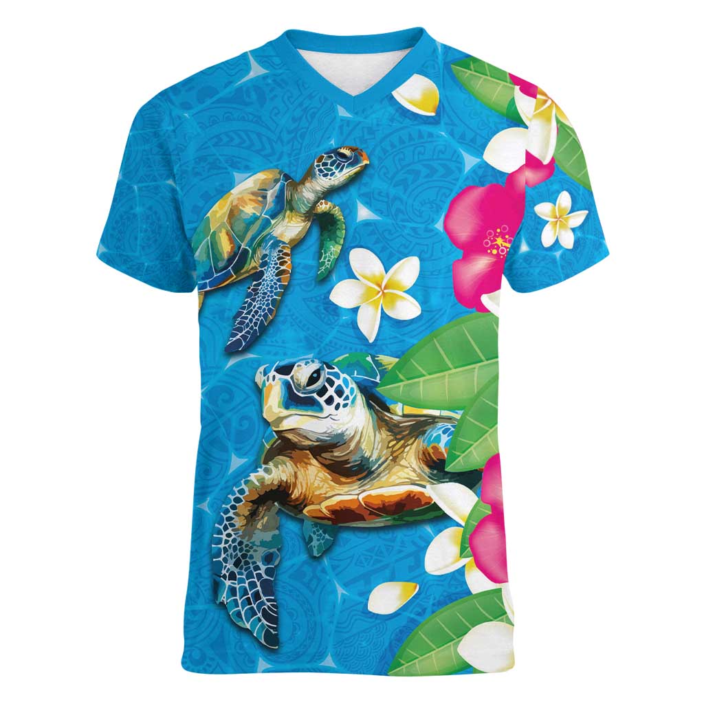 Hawaiian Tropical Flower and Honu Under Blue Water Women V-Neck T-Shirt