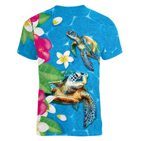 Hawaiian Tropical Flower and Honu Under Blue Water Women V-Neck T-Shirt LT03 - Polynesian Pride