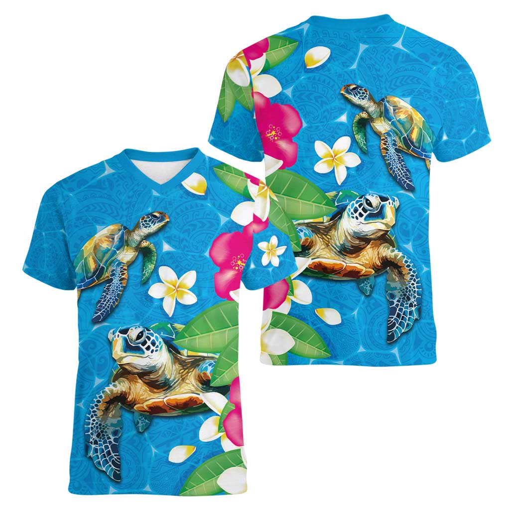 Hawaiian Tropical Flower and Honu Under Blue Water Women V-Neck T-Shirt LT03 - Polynesian Pride
