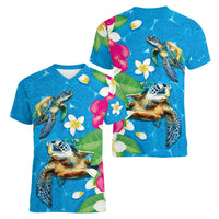 Hawaiian Tropical Flower and Honu Under Blue Water Women V-Neck T-Shirt LT03 - Polynesian Pride
