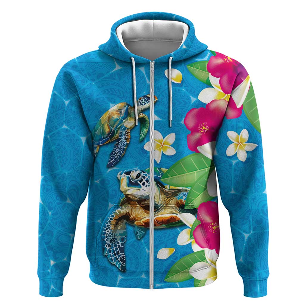 Hawaiian Tropical Flower and Honu Under Blue Water Zip Hoodie