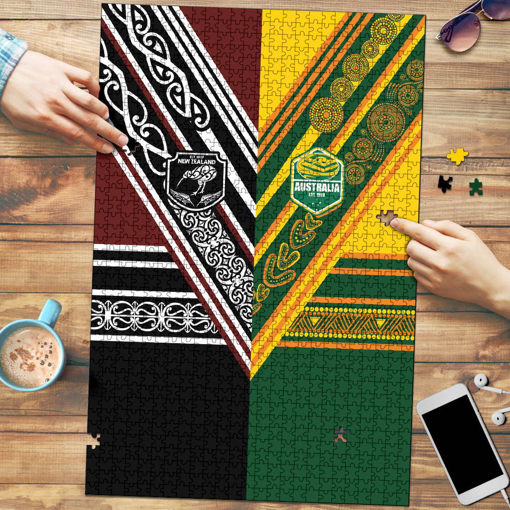 Rugby New Zealand and Australia Puzzle Burgundy Koru Geometric with Aboriginal Chevron Sport Style LT03 Multicolor - Polynesian Pride