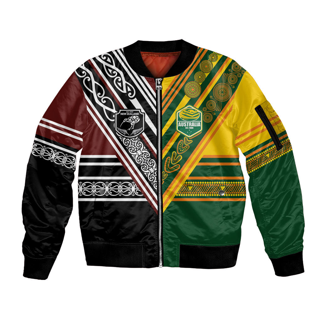 Custom Rugby New Zealand and Australia Sleeve Zip Bomber Jacket Burgundy Koru Geometric with Aboriginal Chevron Sport Style LT03 Unisex Multicolor - Polynesian Pride