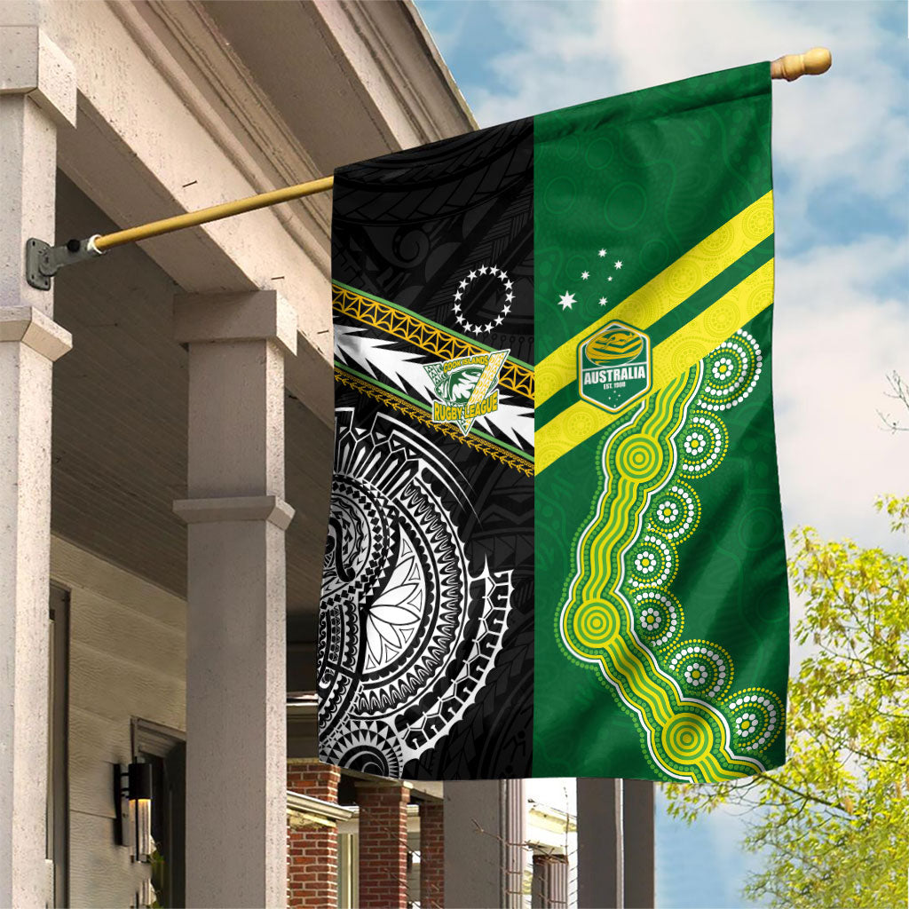 Rugby Cook Islands and Australia Garden Flag Tatau Tribal with Aboriginal Chevron Sport Style LT03 House Flag Multicolor - Polynesian Pride