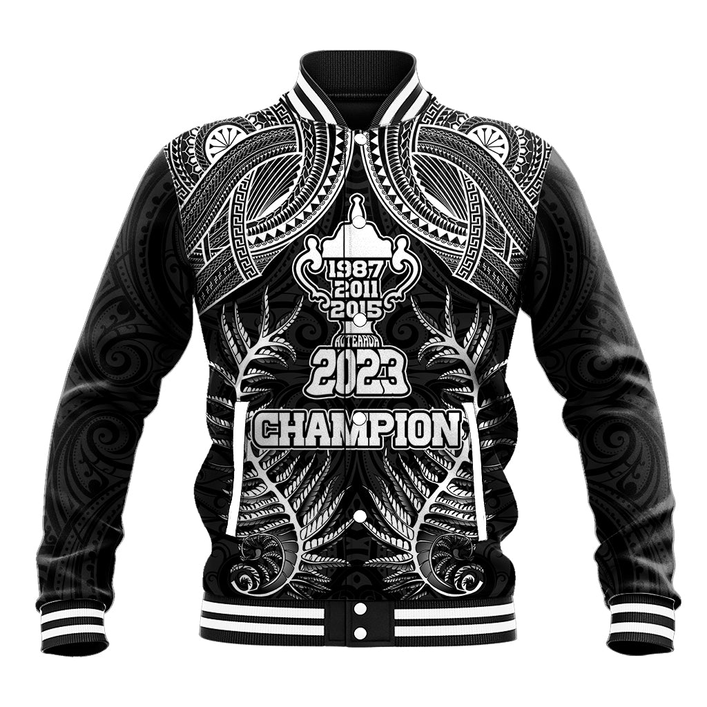 New Zealand Rugby Baseball Jacket Aotearoa Champion Cup History with Silver Fern LT03 Unisex Black - Polynesian Pride