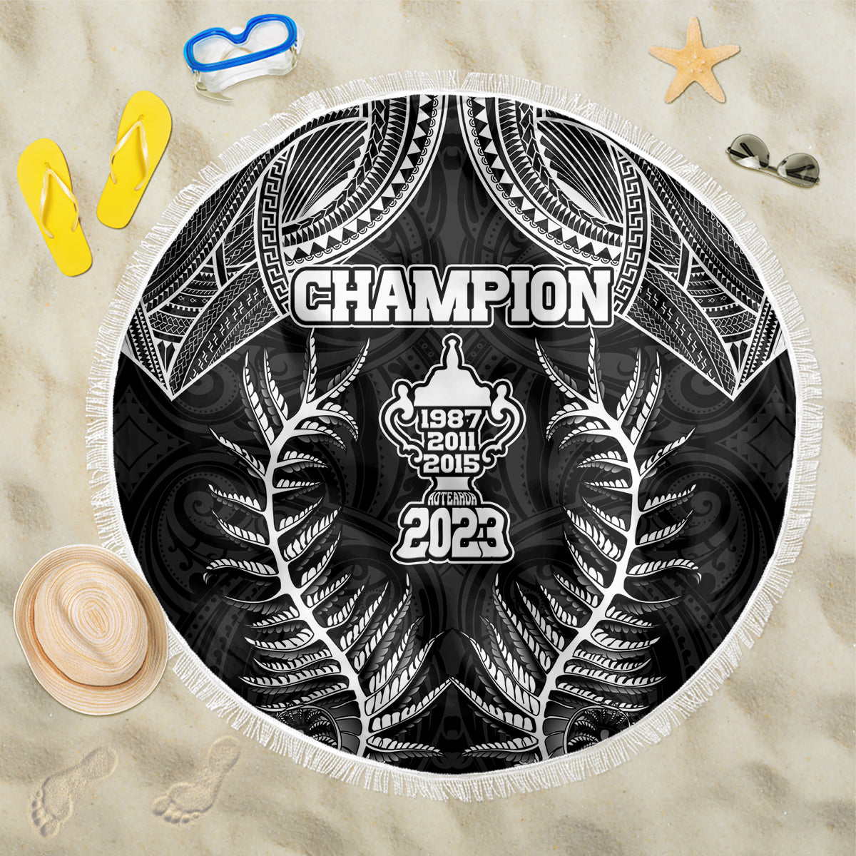 New Zealand Rugby Beach Blanket Aotearoa Champion Cup History with Silver Fern LT03 One Size 150cm Black - Wonder Print Shop