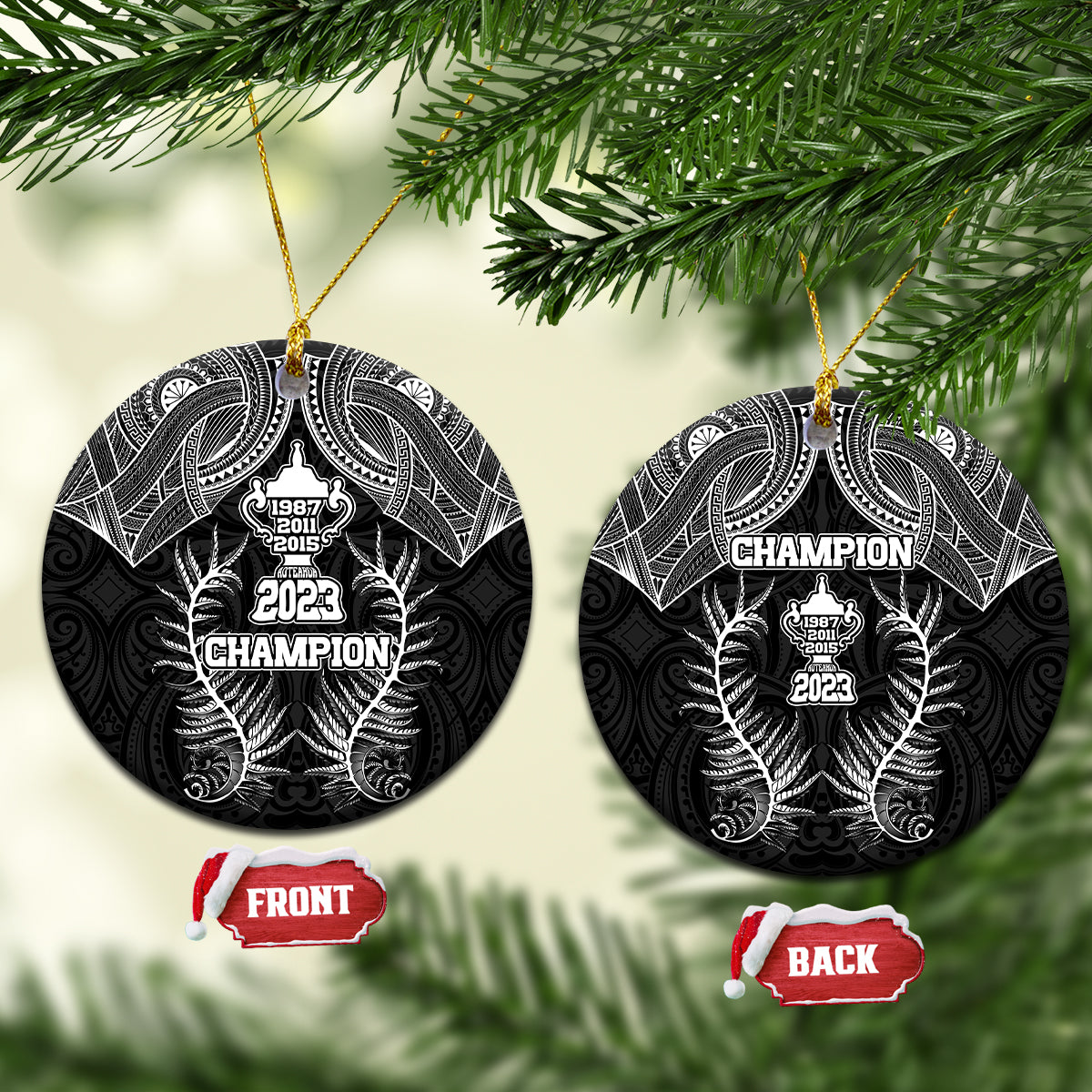 New Zealand Rugby Ceramic Ornament Aotearoa Champion Cup History with Silver Fern LT03 Circle Black - Polynesian Pride