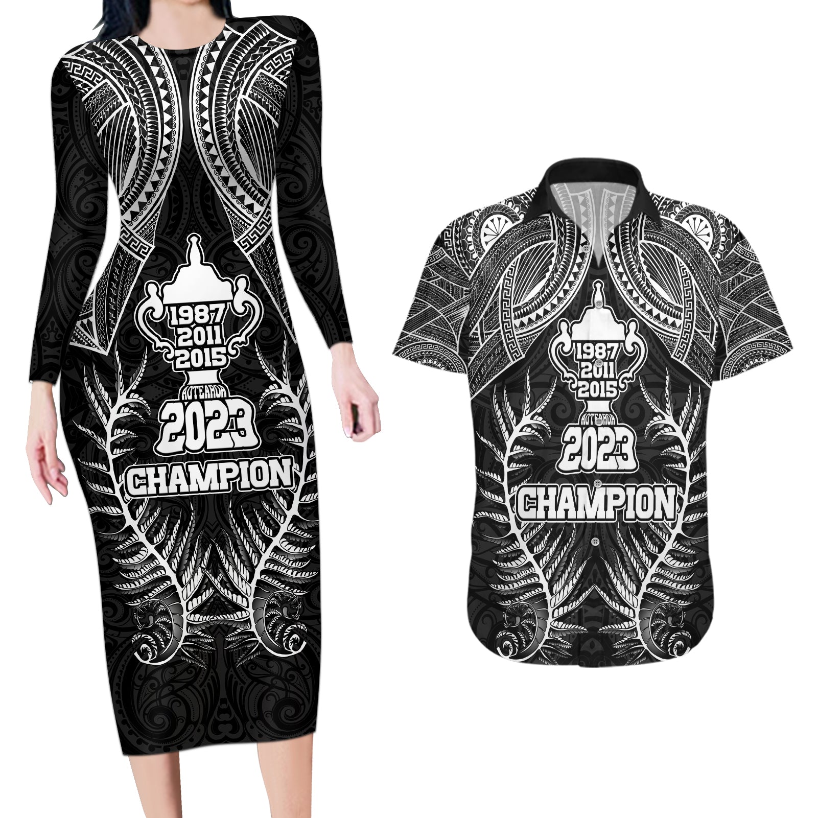 New Zealand Rugby Couples Matching Long Sleeve Bodycon Dress and Hawaiian Shirt Aotearoa Champion Cup History with Silver Fern LT03 Black - Polynesian Pride