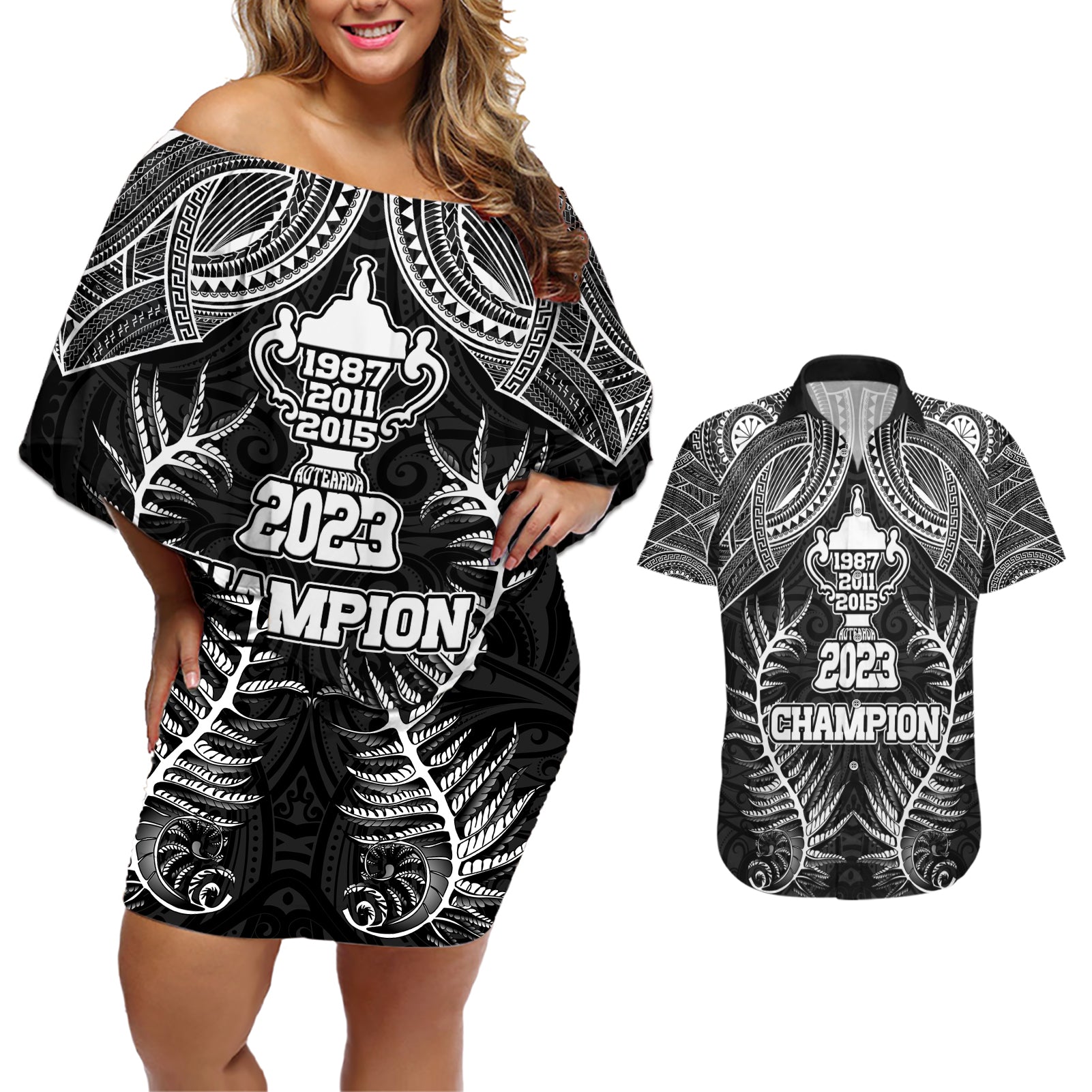 New Zealand Rugby Couples Matching Off Shoulder Short Dress and Hawaiian Shirt Aotearoa Champion Cup History with Silver Fern LT03 Black - Polynesian Pride