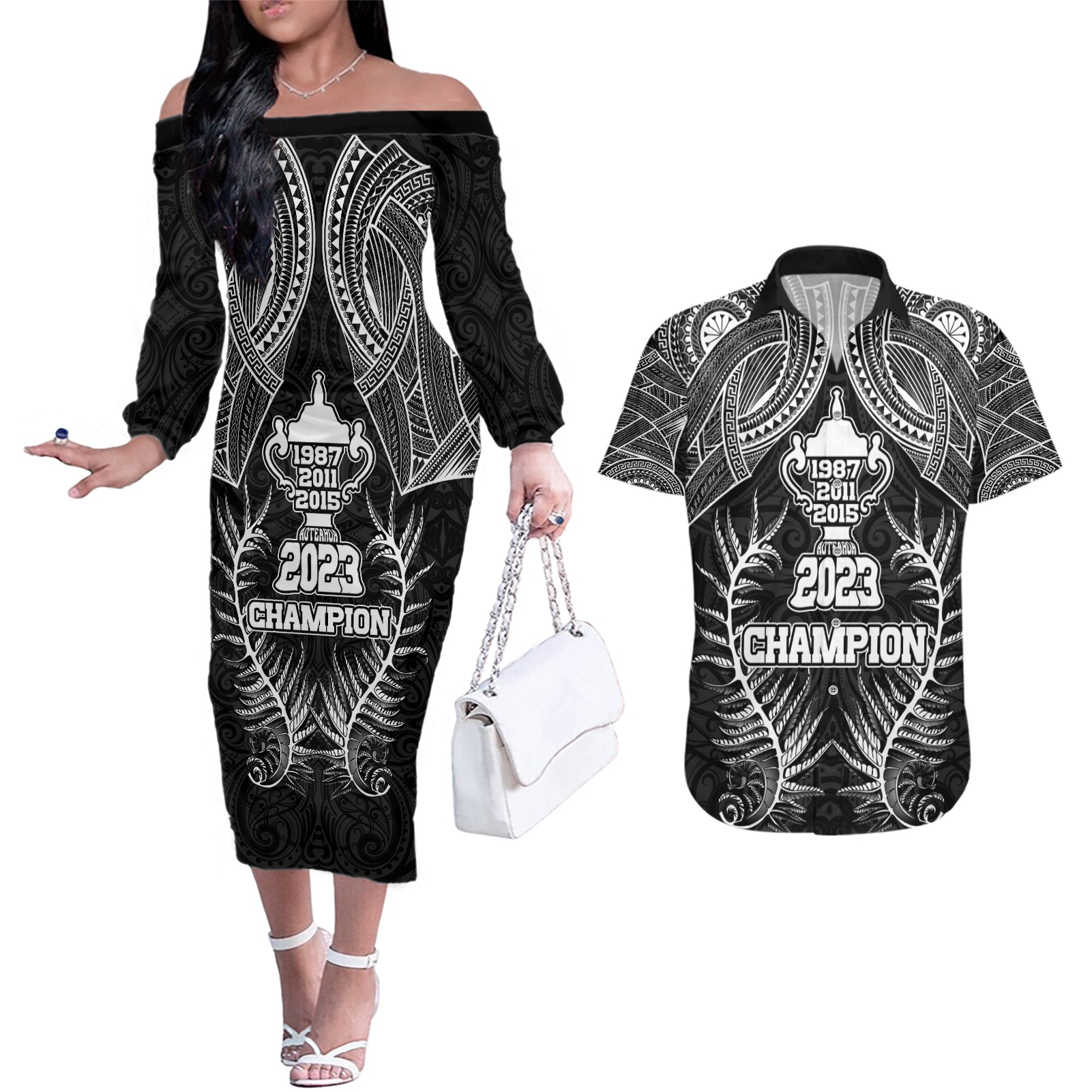 New Zealand Rugby Couples Matching Off The Shoulder Long Sleeve Dress and Hawaiian Shirt Aotearoa Champion Cup History with Silver Fern LT03 Black - Polynesian Pride