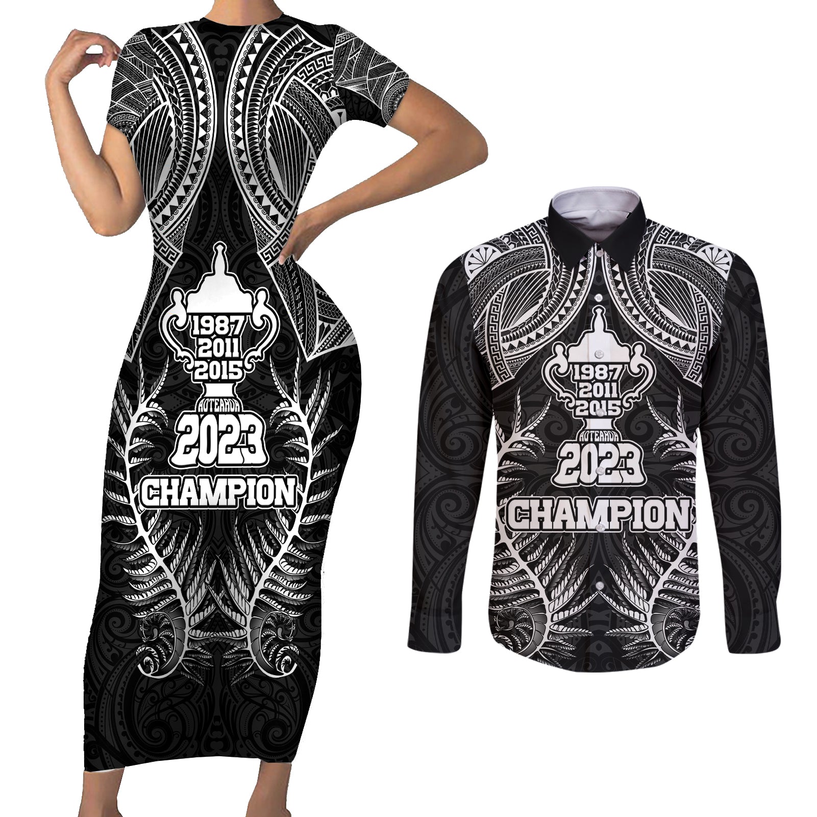 New Zealand Rugby Couples Matching Short Sleeve Bodycon Dress and Long Sleeve Button Shirt Aotearoa Champion Cup History with Silver Fern LT03 Black - Polynesian Pride