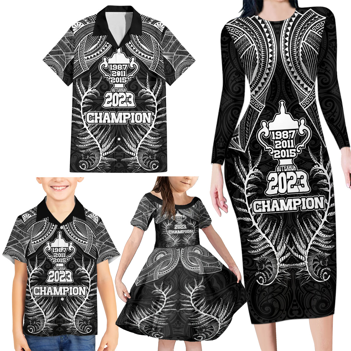 New Zealand Rugby Family Matching Long Sleeve Bodycon Dress and Hawaiian Shirt Aotearoa Champion Cup History with Silver Fern LT03 - Polynesian Pride