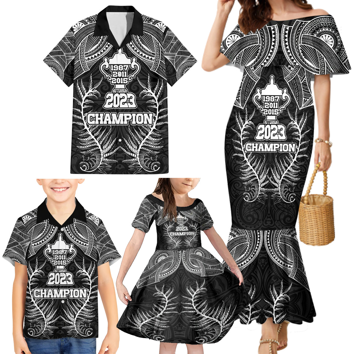 New Zealand Rugby Family Matching Mermaid Dress and Hawaiian Shirt Aotearoa Champion Cup History with Silver Fern LT03 - Polynesian Pride