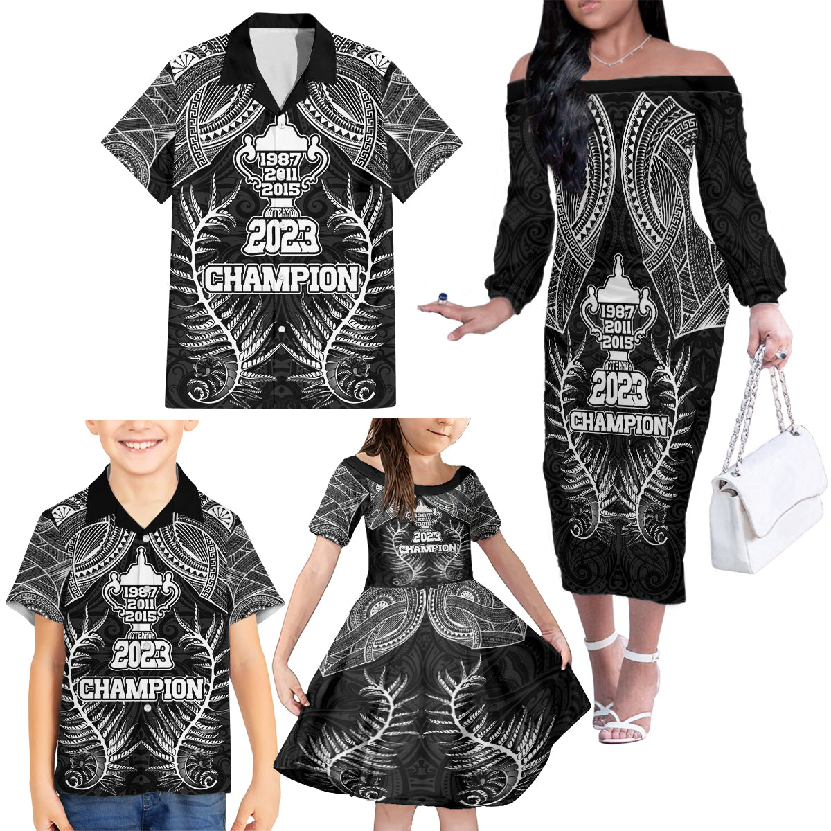 New Zealand Rugby Family Matching Off Shoulder Long Sleeve Dress and Hawaiian Shirt Aotearoa Champion Cup History with Silver Fern LT03 - Polynesian Pride