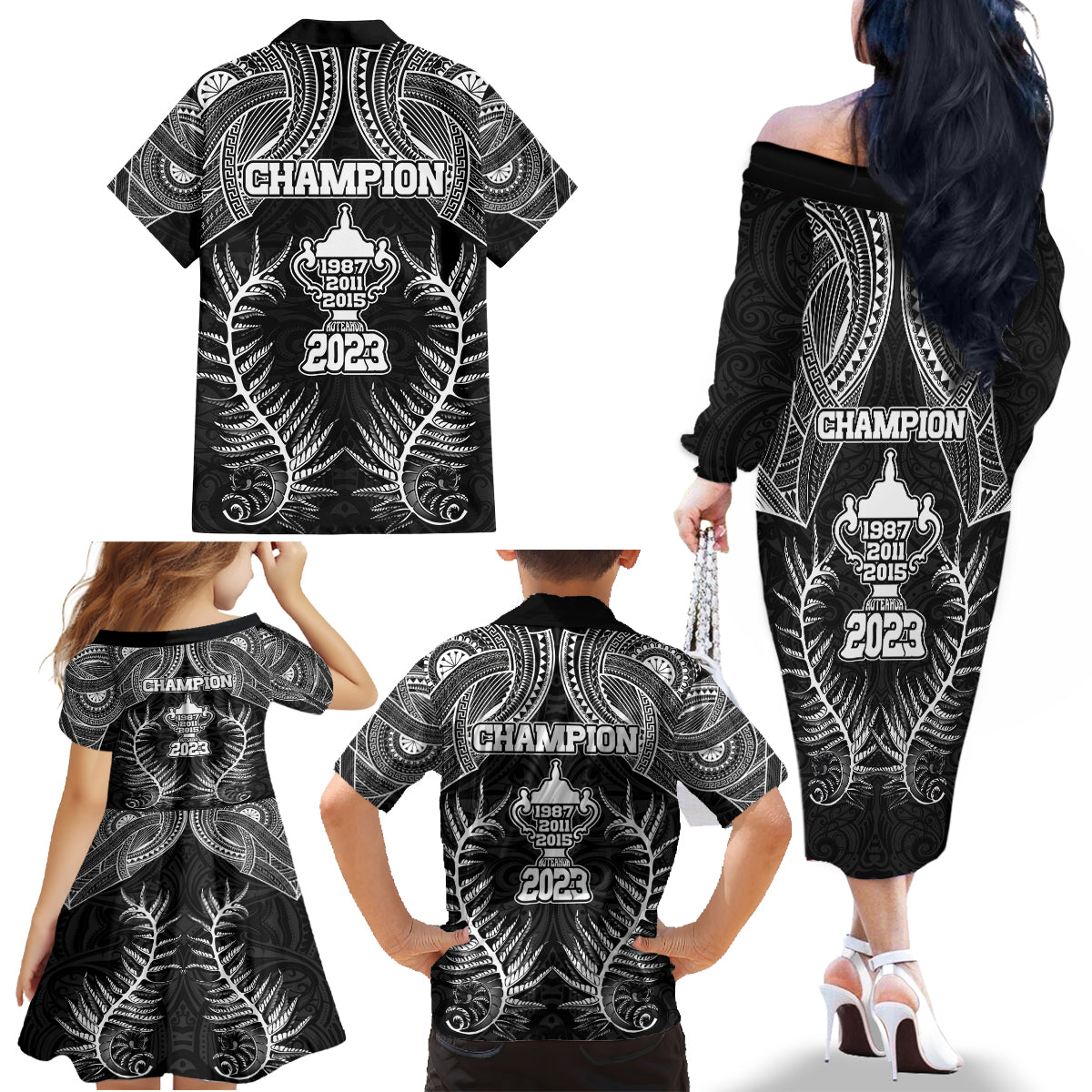 New Zealand Rugby Family Matching Off Shoulder Long Sleeve Dress and Hawaiian Shirt Aotearoa Champion Cup History with Silver Fern LT03 - Polynesian Pride