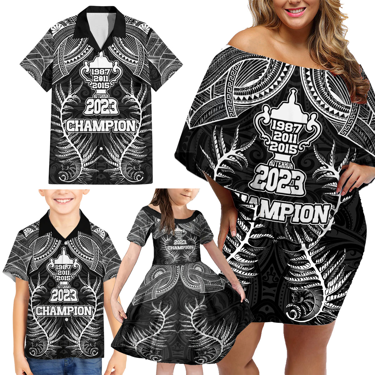 New Zealand Rugby Family Matching Off Shoulder Short Dress and Hawaiian Shirt Aotearoa Champion Cup History with Silver Fern LT03 - Polynesian Pride