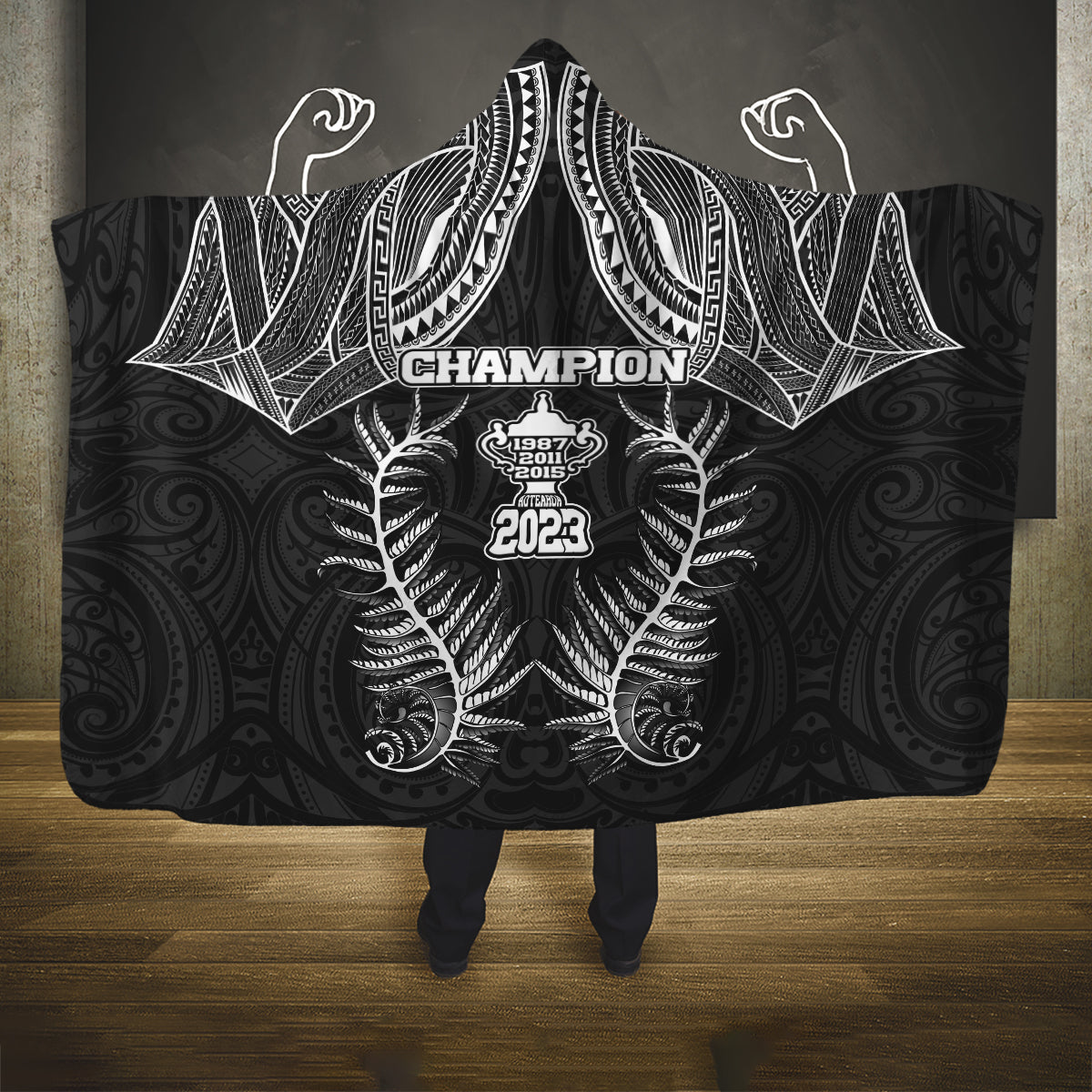 New Zealand Rugby Hooded Blanket Aotearoa Champion Cup History with Silver Fern LT03 One Size Black - Polynesian Pride