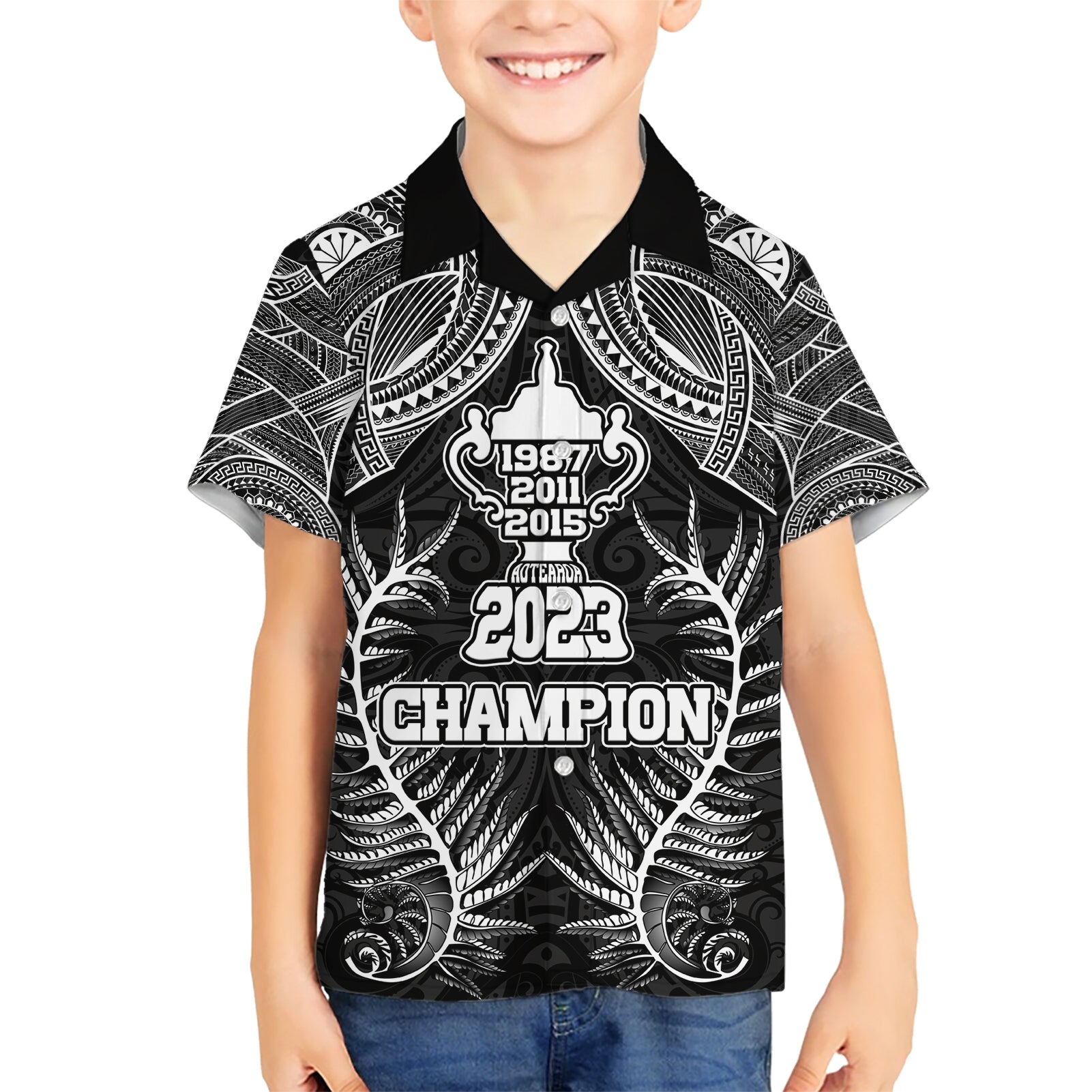 New Zealand Rugby Kid Hawaiian Shirt Aotearoa Champion Cup History with Silver Fern LT03 Kid Black - Polynesian Pride