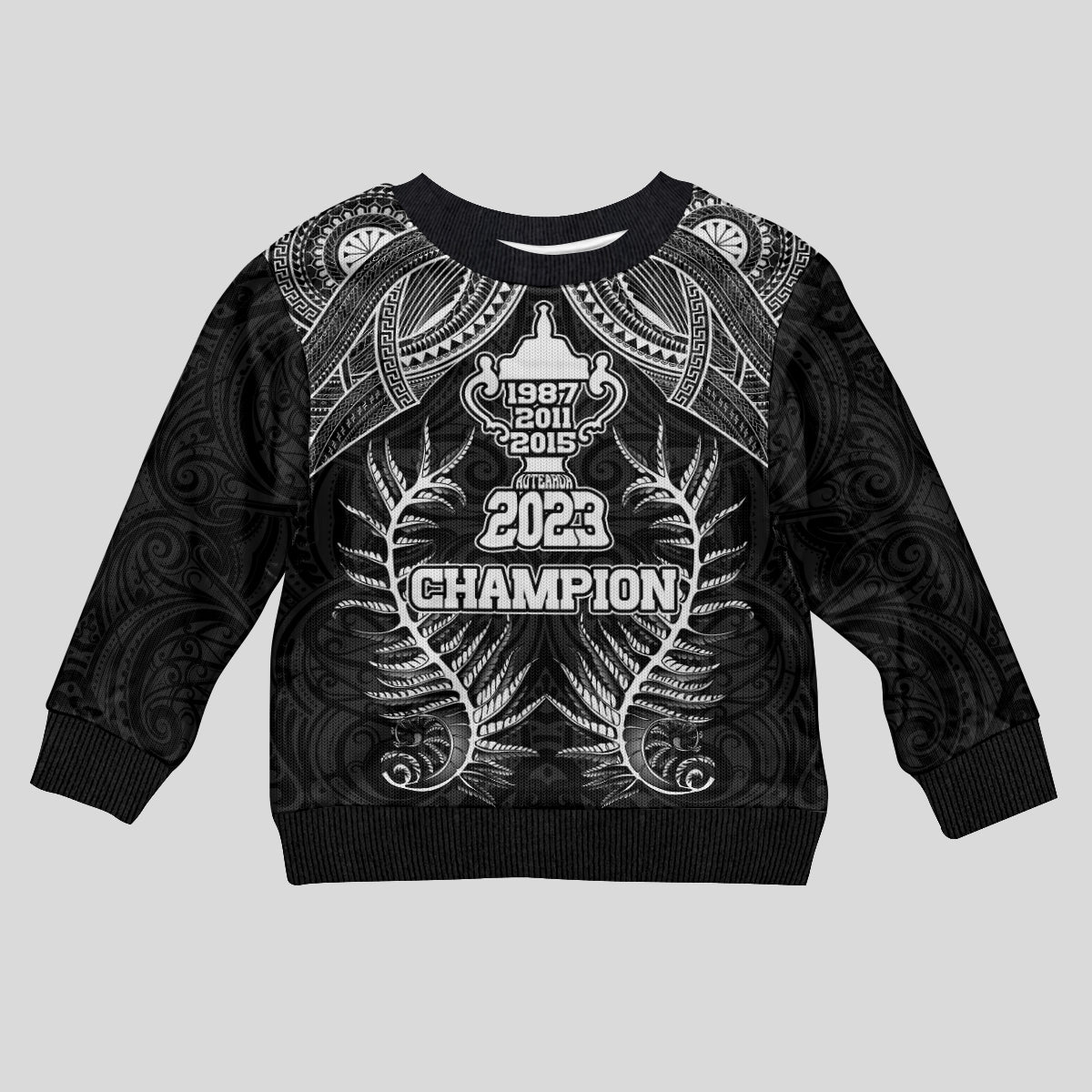 New Zealand Rugby Kid Ugly Christmas Sweater Aotearoa Champion Cup History with Silver Fern LT03 Kid Black - Polynesian Pride