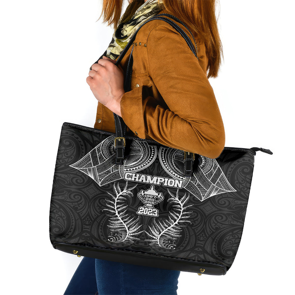 New Zealand Rugby Leather Tote Bag Aotearoa Champion Cup History with Silver Fern LT03 Black - Polynesian Pride