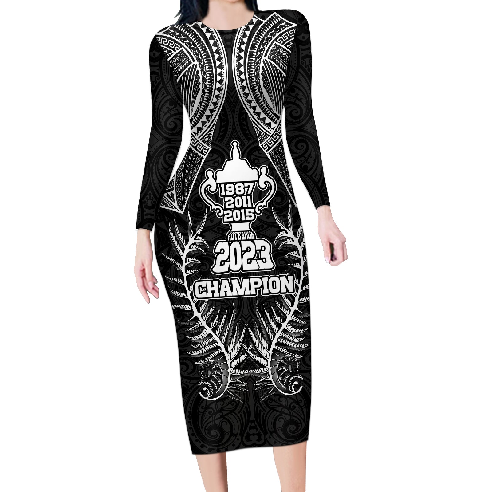 New Zealand Rugby Long Sleeve Bodycon Dress Aotearoa Champion Cup History with Silver Fern LT03 Long Dress Black - Polynesian Pride