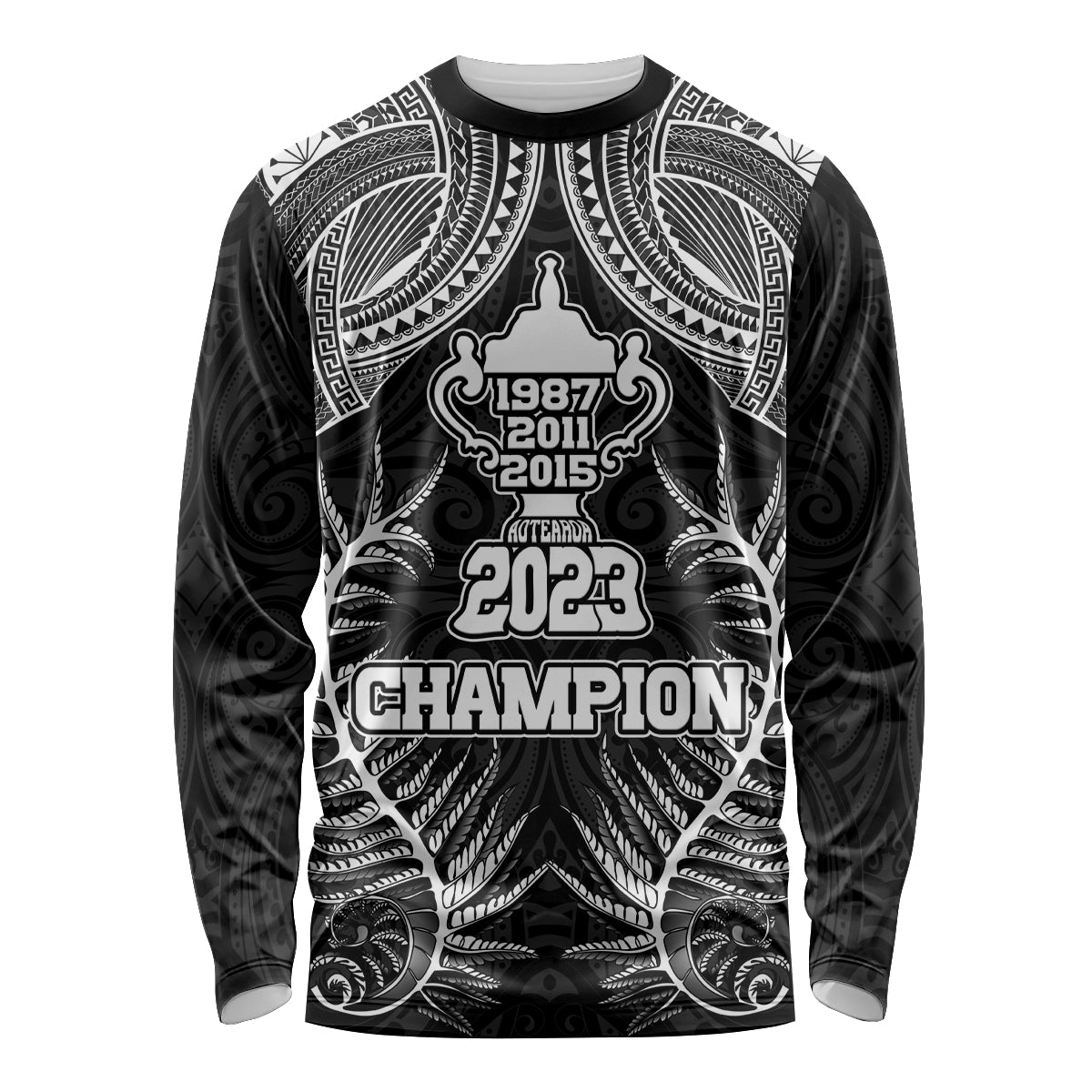 New Zealand Rugby Long Sleeve Shirt Aotearoa Champion Cup History with Silver Fern LT03 Unisex Black - Polynesian Pride