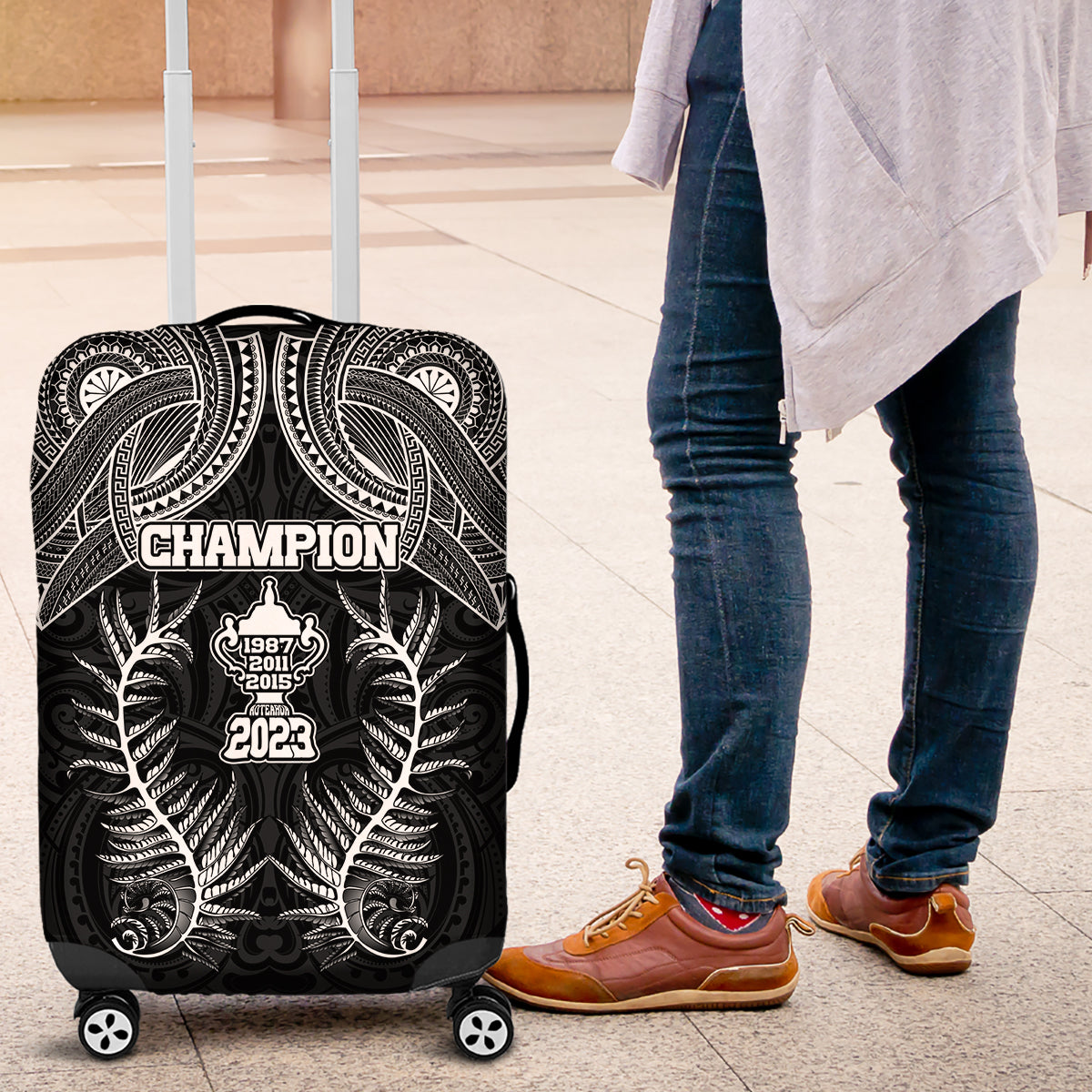 New Zealand Rugby Luggage Cover Aotearoa Champion Cup History with Silver Fern LT03 Black - Polynesian Pride