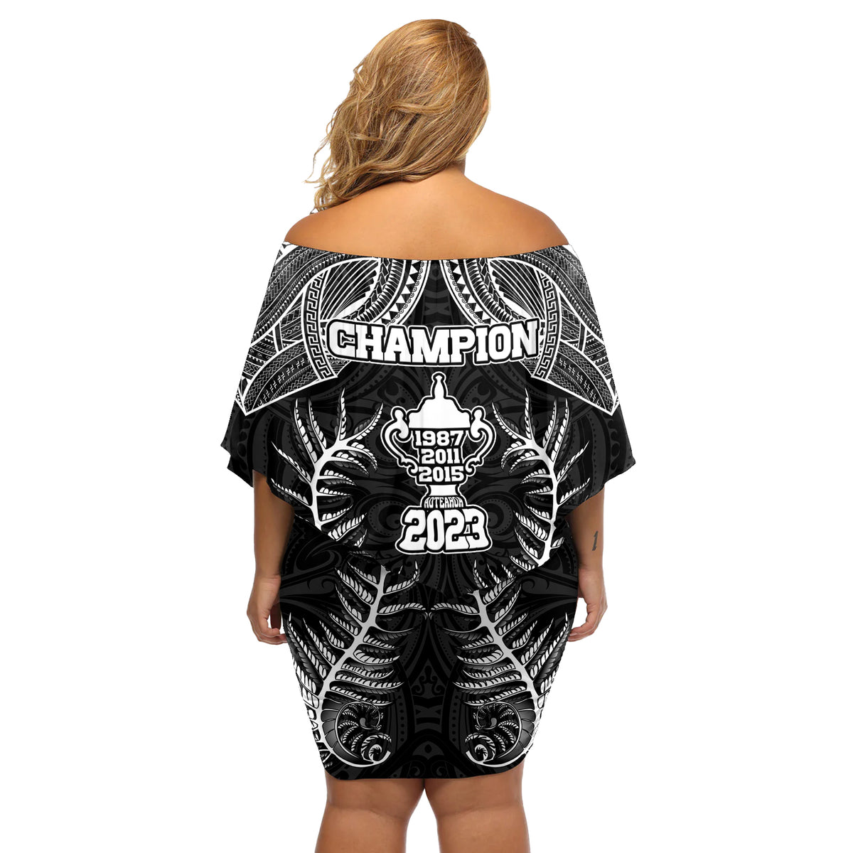 New Zealand Rugby Off Shoulder Short Dress Aotearoa Champion Cup History with Silver Fern LT03 - Polynesian Pride