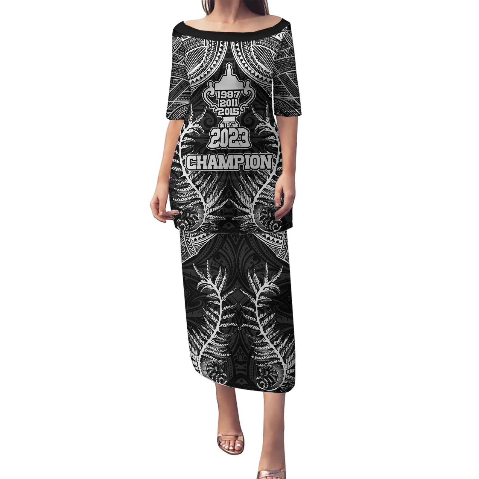 New Zealand Rugby Puletasi Aotearoa Champion Cup History with Silver Fern LT03 Long Dress Black - Polynesian Pride