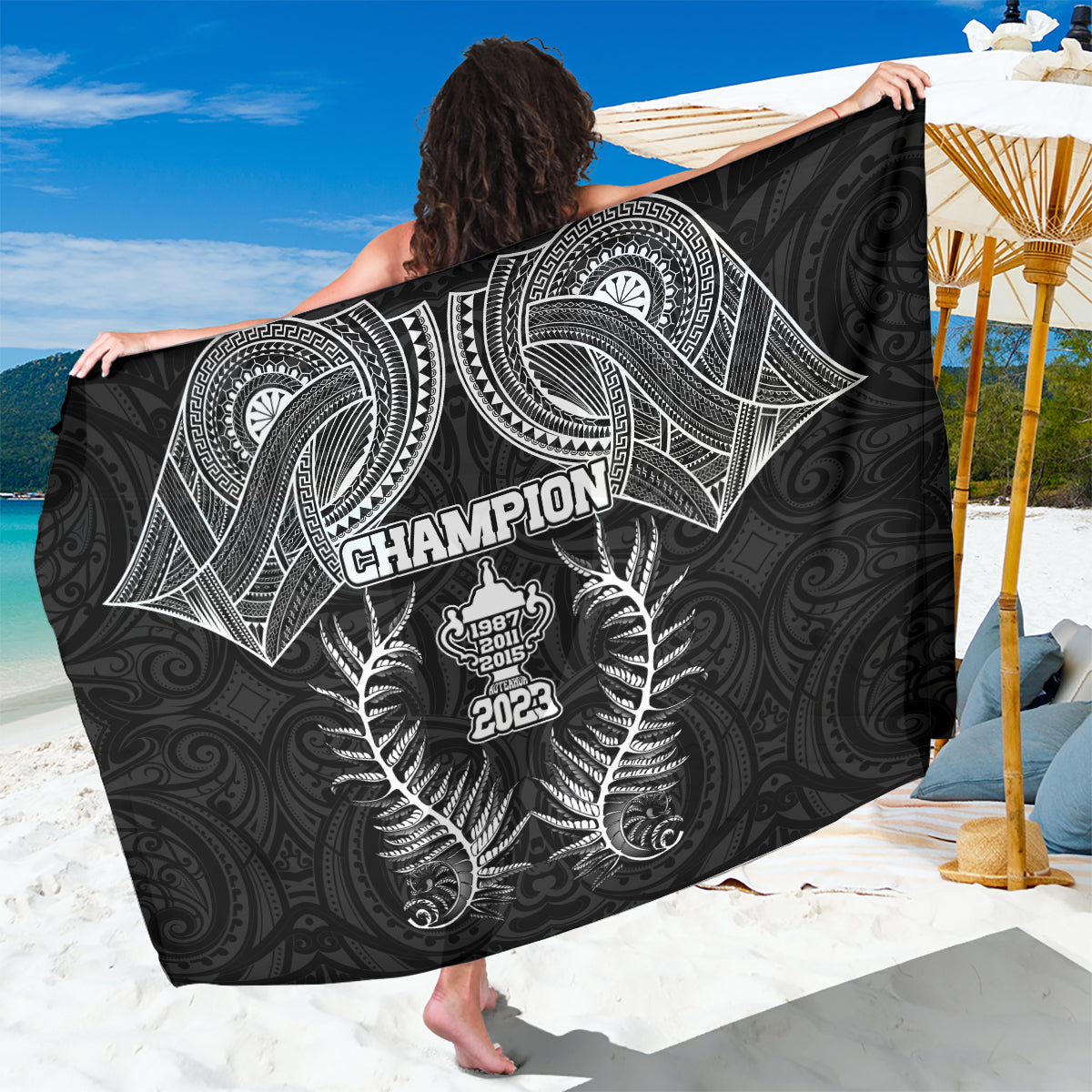 New Zealand Rugby Sarong Aotearoa Champion Cup History with Silver Fern LT03 One Size 44 x 66 inches Black - Polynesian Pride