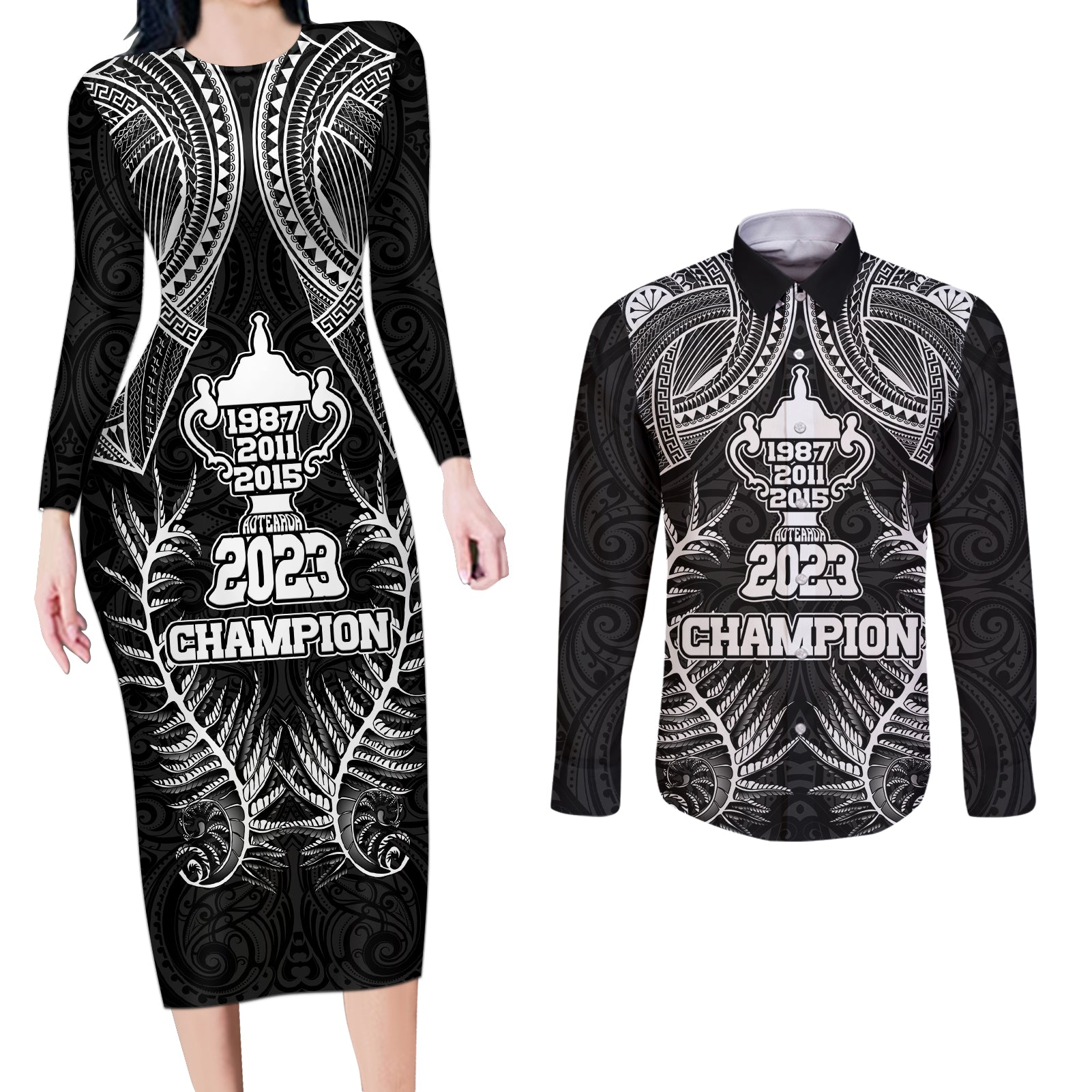 Custom New Zealand Rugby Couples Matching Long Sleeve Bodycon Dress and Long Sleeve Button Shirt Aotearoa Champion Cup History with Silver Fern LT03 Black - Polynesian Pride