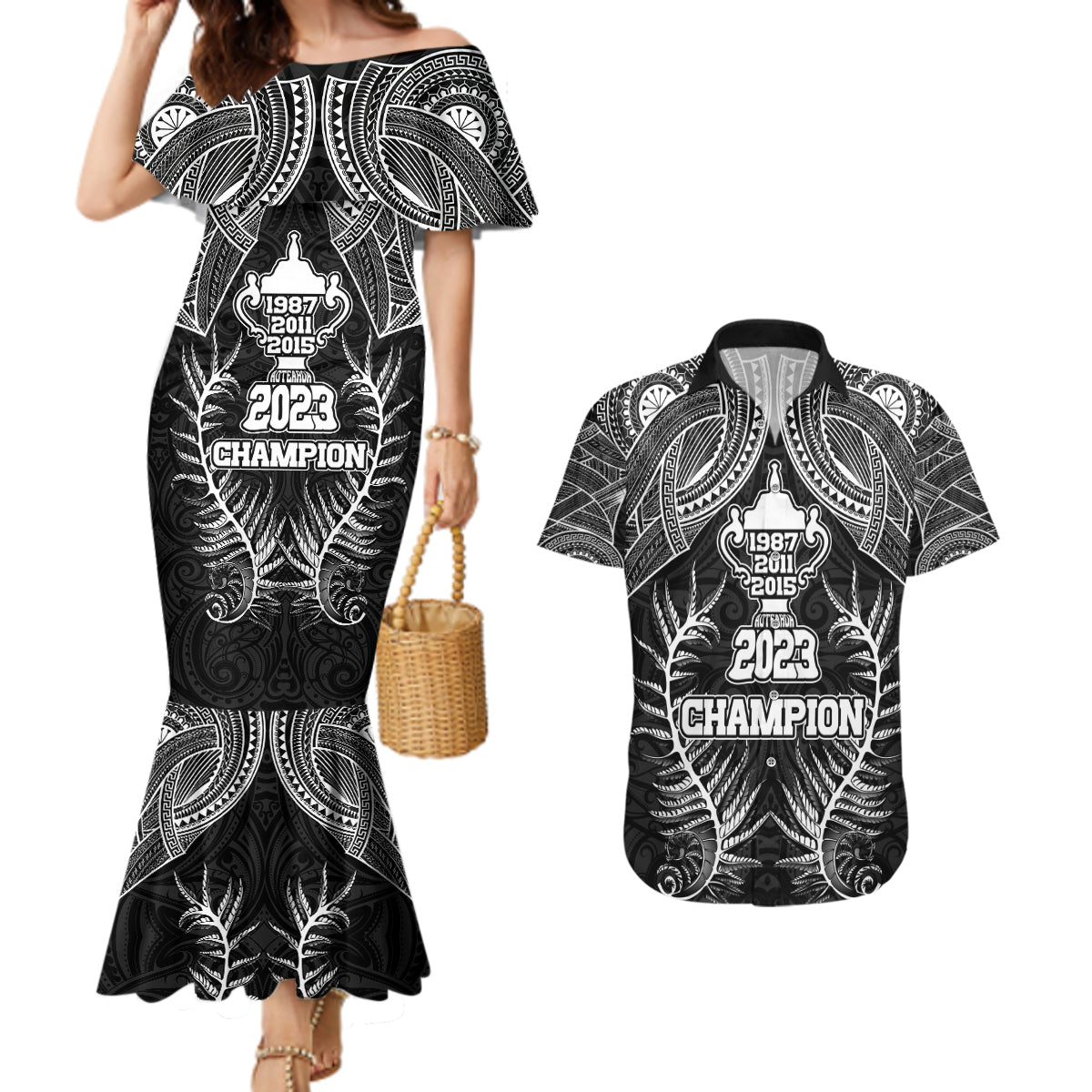 Custom New Zealand Rugby Couples Matching Mermaid Dress and Hawaiian Shirt Aotearoa Champion Cup History with Silver Fern LT03 Black - Polynesian Pride