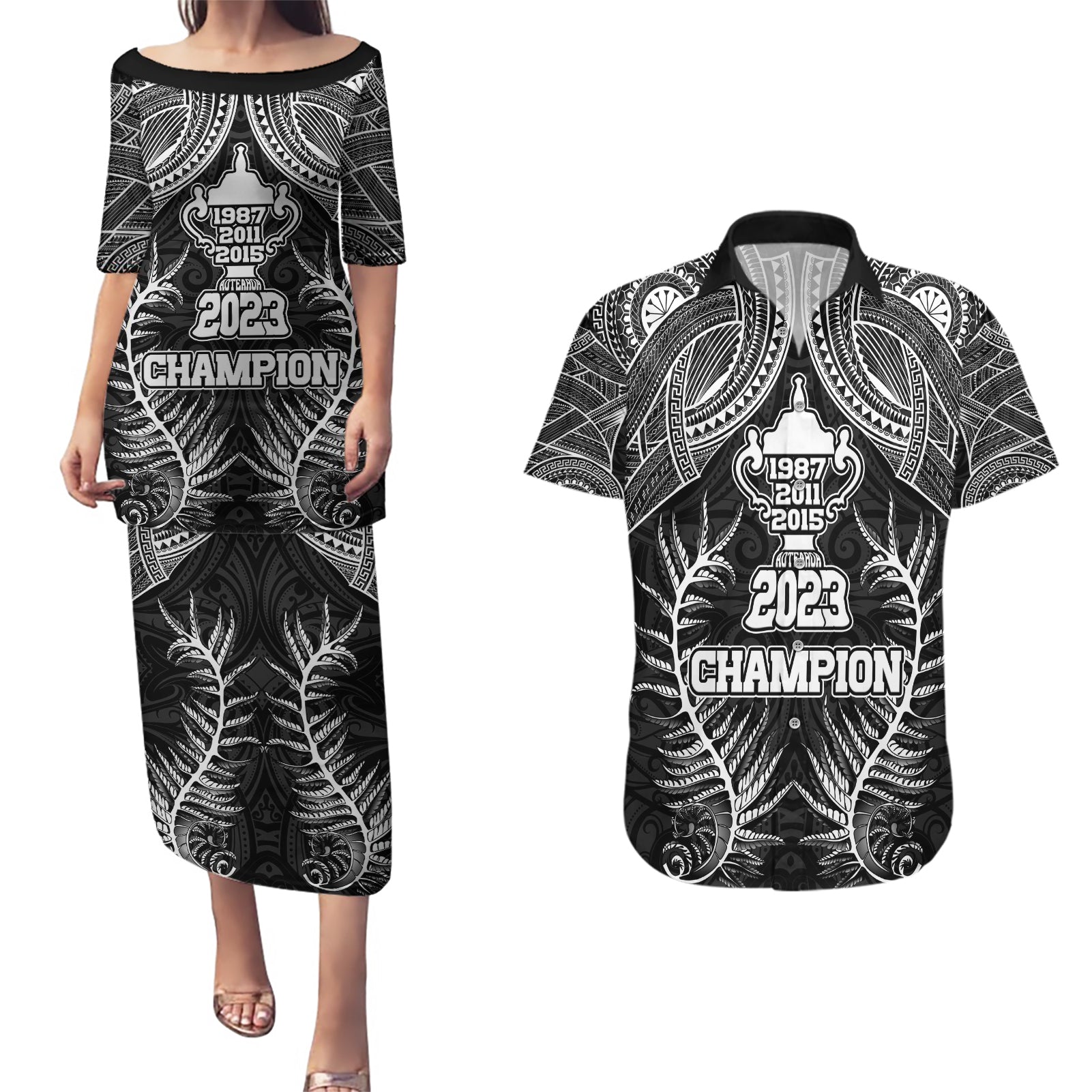 Custom New Zealand Rugby Couples Matching Puletasi Dress and Hawaiian Shirt Aotearoa Champion Cup History with Silver Fern LT03 Black - Polynesian Pride